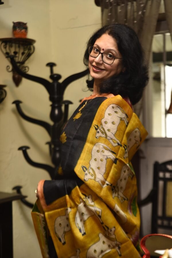 Hand-Painted Kalamkari with Batik Momchitra Pure Tussar Silk Saree