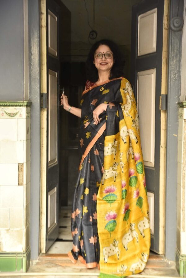 Hand-Painted Kalamkari with Batik Momchitra Pure Tussar Silk Saree
