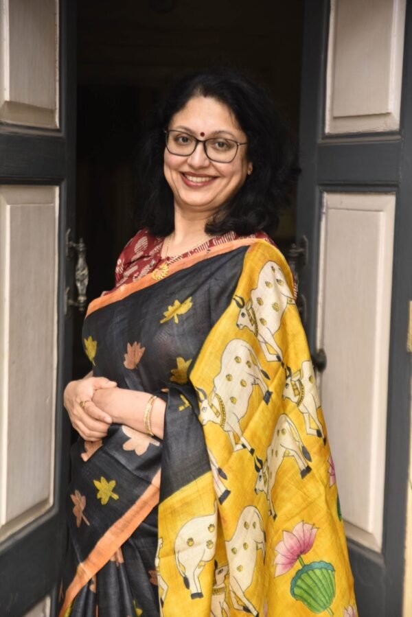 Hand-Painted Kalamkari with Batik Momchitra Pure Tussar Silk Saree
