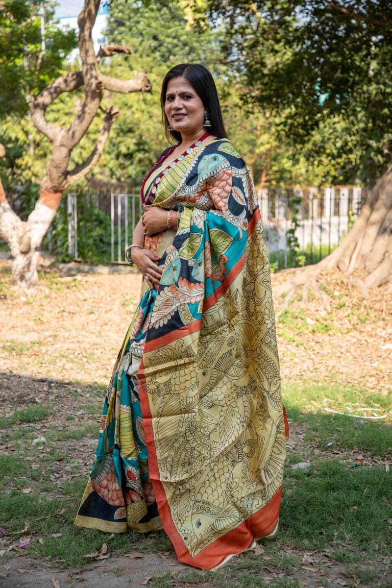 Exquisite Hand-Painted Pen Kalamkari Pure Desi Gachi Tussar Saree in Vibrant Vegetable Colors - Image 3