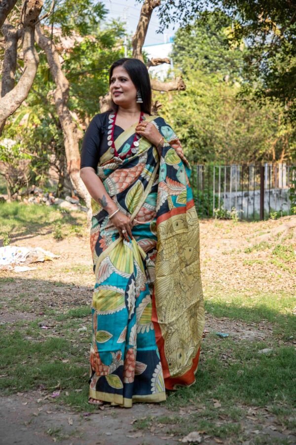 Exquisite Hand-Painted Pen Kalamkari Pure Desi Gachi Tussar Saree in Vibrant Vegetable Colors