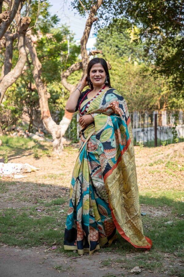 Exquisite Hand-Painted Pen Kalamkari Pure Desi Gachi Tussar Saree in Vibrant Vegetable Colors