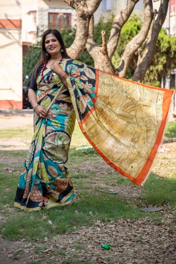 Exquisite Hand-Painted Pen Kalamkari Pure Desi Gachi Tussar Saree in Vibrant Vegetable Colors