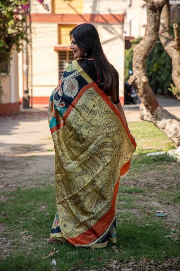Exquisite Hand-Painted Pen Kalamkari Pure Desi Gachi Tussar Saree in Vibrant Vegetable Colors
