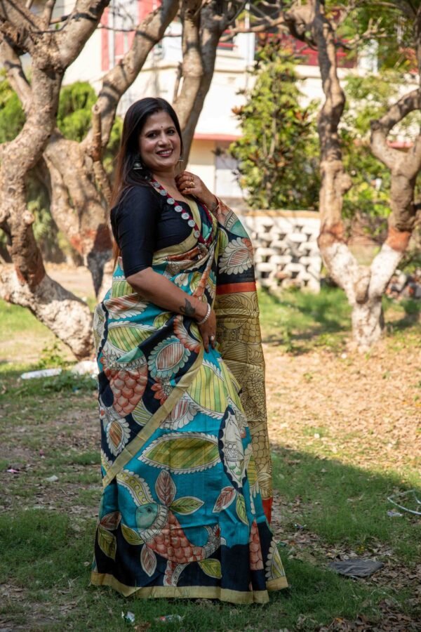 Exquisite Hand-Painted Pen Kalamkari Pure Desi Gachi Tussar Saree in Vibrant Vegetable Colors