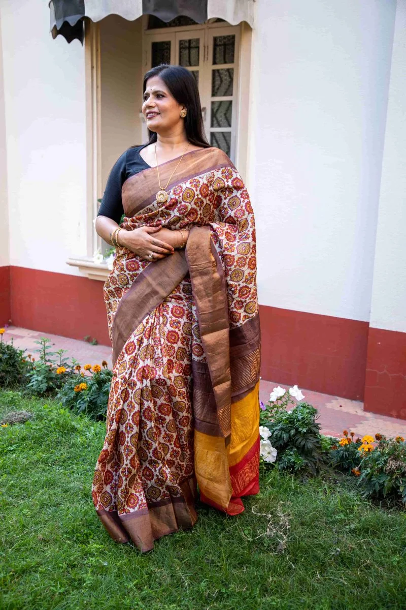 Hand-Azrak Block Printed Tussar Silk Saree - Image 2