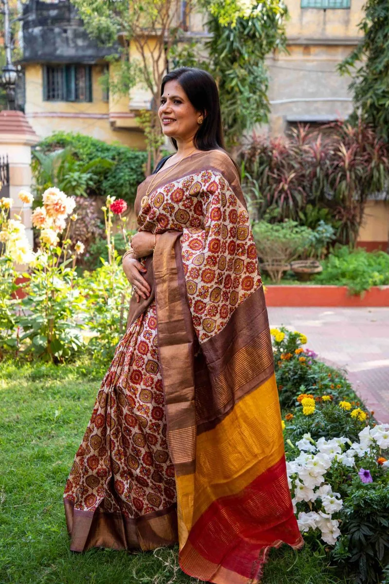 Hand-Azrak Block Printed Tussar Silk Saree - Image 6