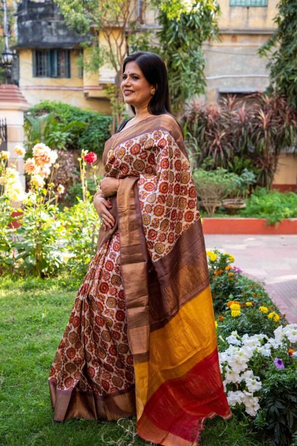 Hand-Azrak Block Printed Tussar Silk Saree