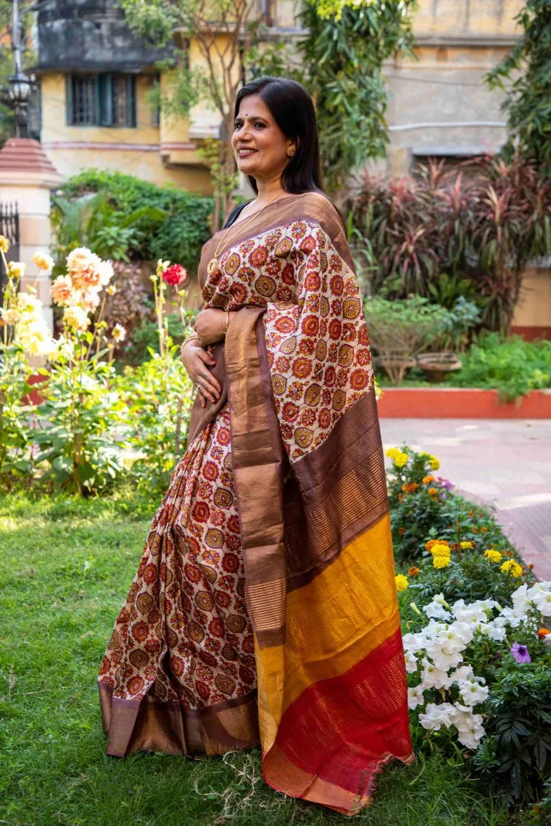 Hand-Azrak Block Printed Tussar Silk Saree - Image 5