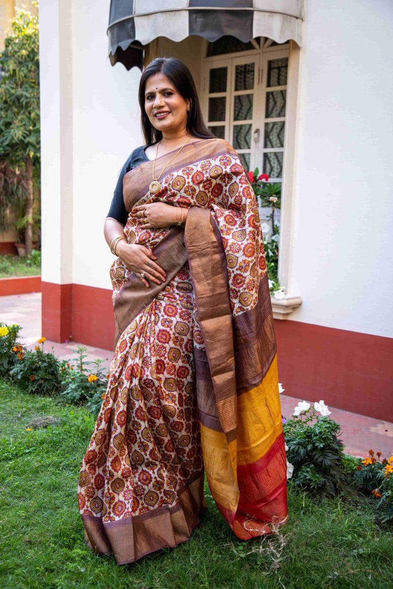 Hand-Azrak Block Printed Tussar Silk Saree
