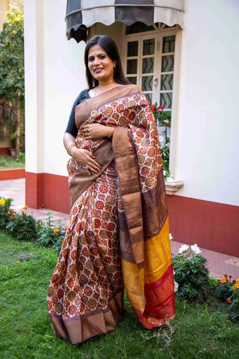 Hand-Azrak Block Printed Tussar Silk Saree