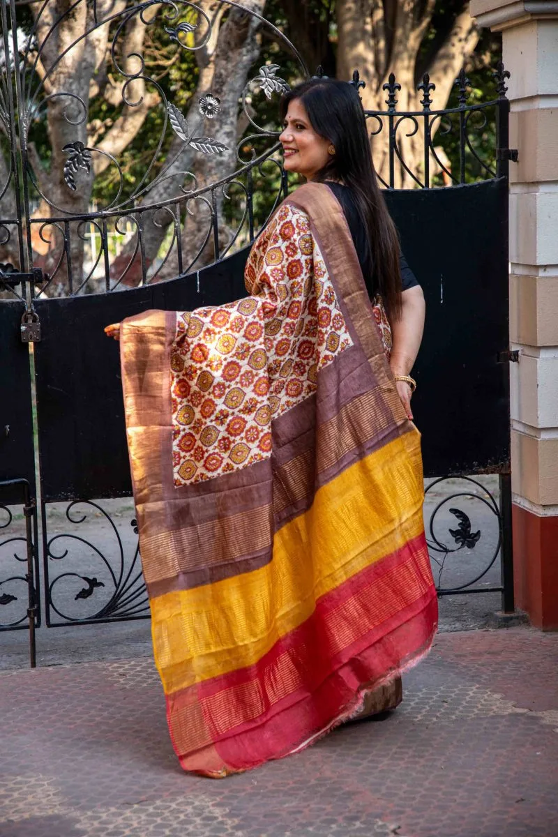 Hand-Azrak Block Printed Tussar Silk Saree - Image 9