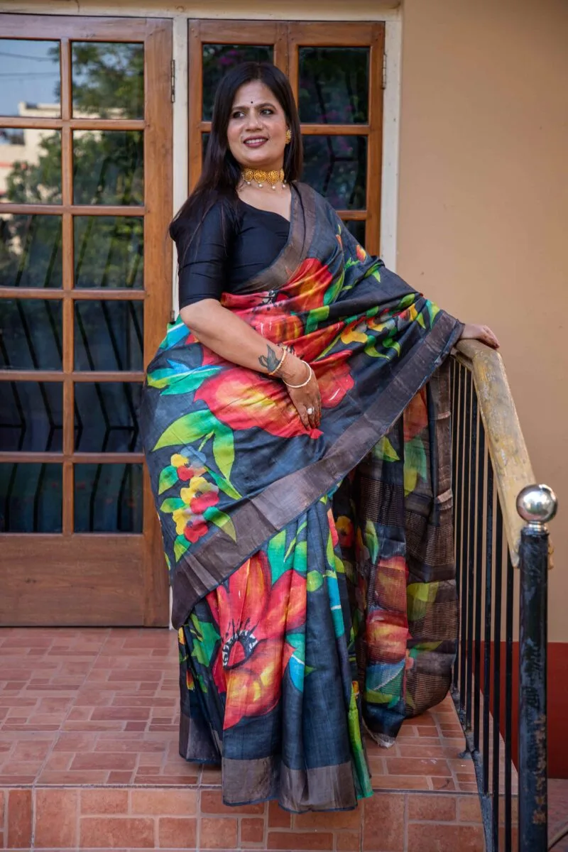 Hand-Painted Pure Handloom Tussar Silk Saree - Image 8