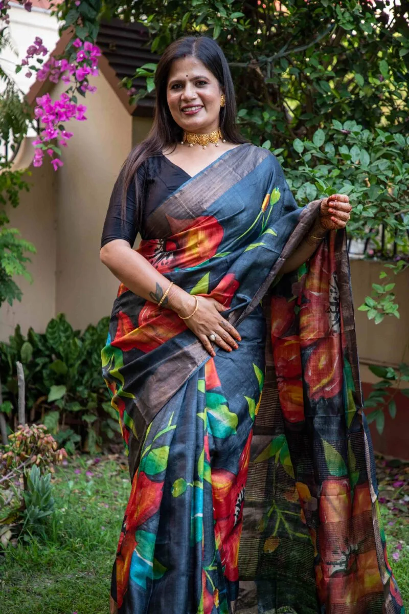 Hand-Painted Pure Handloom Tussar Silk Saree