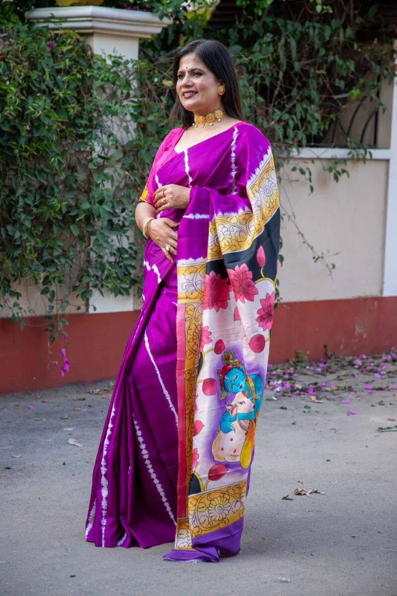 Pure Handloom Bishnupuri Katan Silk Saree with Hand-Srivori and Pitchwai Hand-Painted Pen Kalamkari - Image 2
