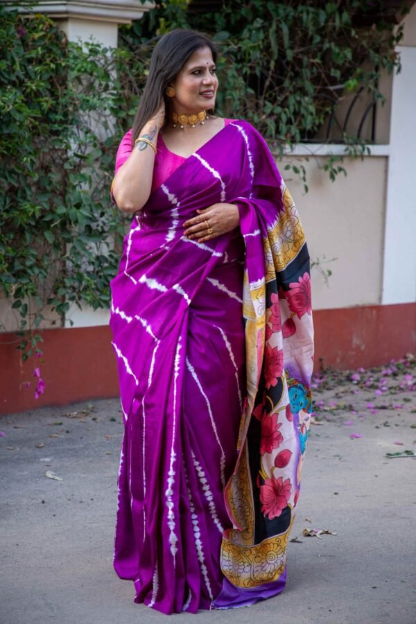 Pure Handloom Bishnupuri Katan Silk Saree with Hand-Srivori and Pitchwai Hand-Painted Pen Kalamkari