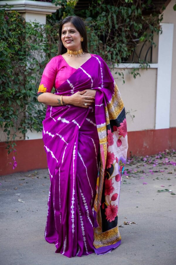 Pure Handloom Bishnupuri Katan Silk Saree with Hand-Srivori and Pitchwai Hand-Painted Pen Kalamkari