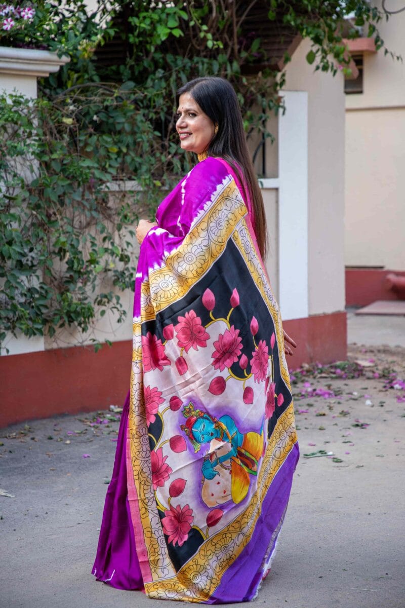 Pure Handloom Bishnupuri Katan Silk Saree with Hand-Srivori and Pitchwai Hand-Painted Pen Kalamkari - Image 5