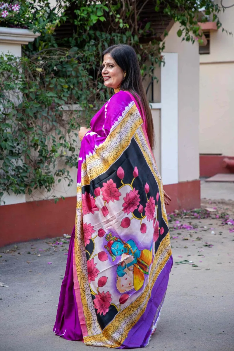 Pure Handloom Bishnupuri Katan Silk Saree with Hand-Srivori and Pitchwai Hand-Painted Pen Kalamkari - Image 5