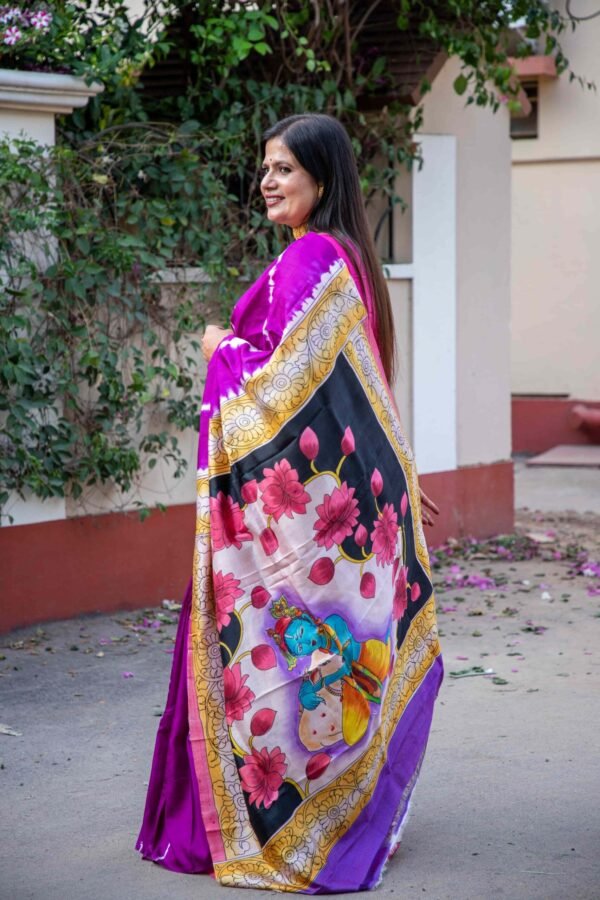 Pure Handloom Bishnupuri Katan Silk Saree with Hand-Srivori and Pitchwai Hand-Painted Pen Kalamkari
