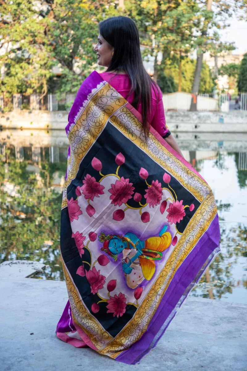Pure Handloom Bishnupuri Katan Silk Saree with Hand-Srivori and Pitchwai Hand-Painted Pen Kalamkari - Image 6