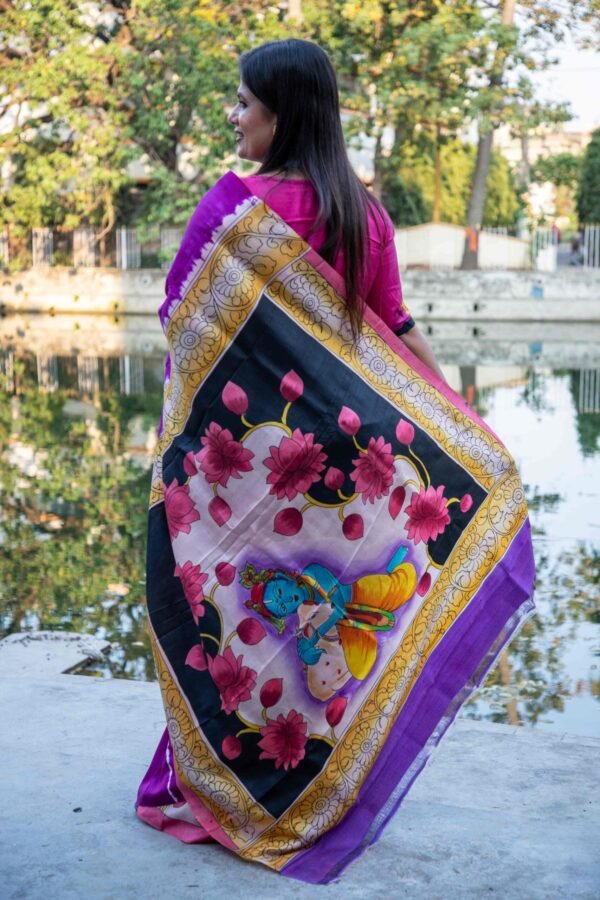 Pure Handloom Bishnupuri Katan Silk Saree with Hand-Srivori and Pitchwai Hand-Painted Pen Kalamkari
