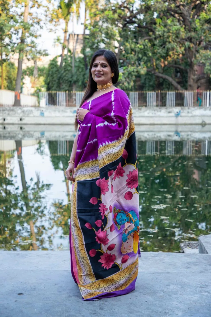 Pure Handloom Bishnupuri Katan Silk Saree with Hand-Srivori and Pitchwai Hand-Painted Pen Kalamkari - Image 7