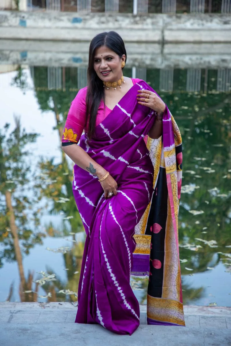 Pure Handloom Bishnupuri Katan Silk Saree with Hand-Srivori and Pitchwai Hand-Painted Pen Kalamkari - Image 8