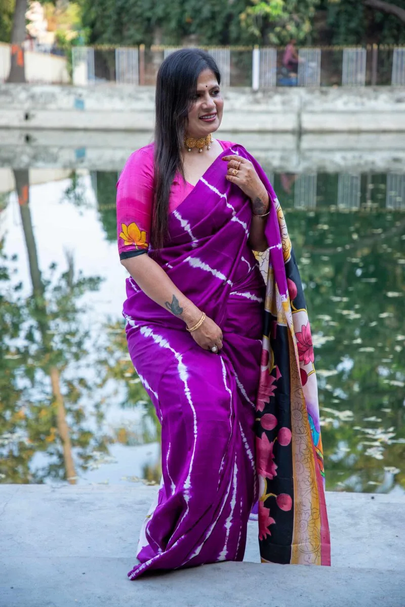 Pure Handloom Bishnupuri Katan Silk Saree with Hand-Srivori and Pitchwai Hand-Painted Pen Kalamkari - Image 9
