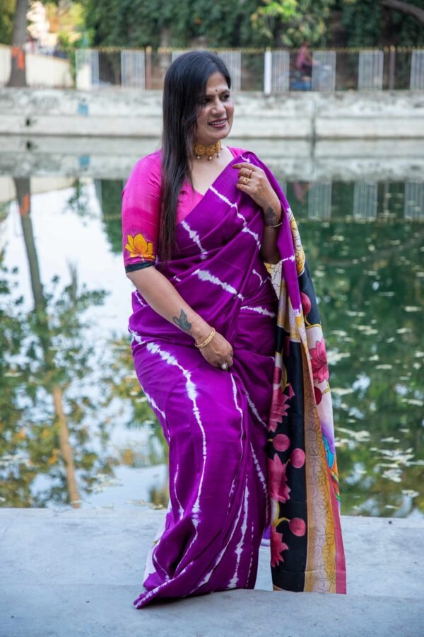 Pure Handloom Bishnupuri Katan Silk Saree with Hand-Srivori and Pitchwai Hand-Painted Pen Kalamkari