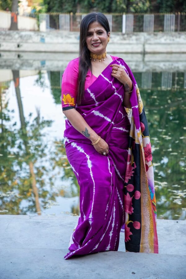 Pure Handloom Bishnupuri Katan Silk Saree with Hand-Srivori and Pitchwai Hand-Painted Pen Kalamkari