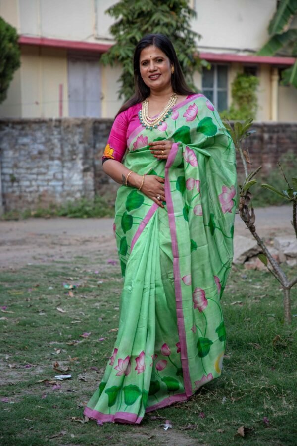 Luxurious Handloom Bishnupuri Silk with Exquisite Hand-Painted Kalamkari Pitchwai Design