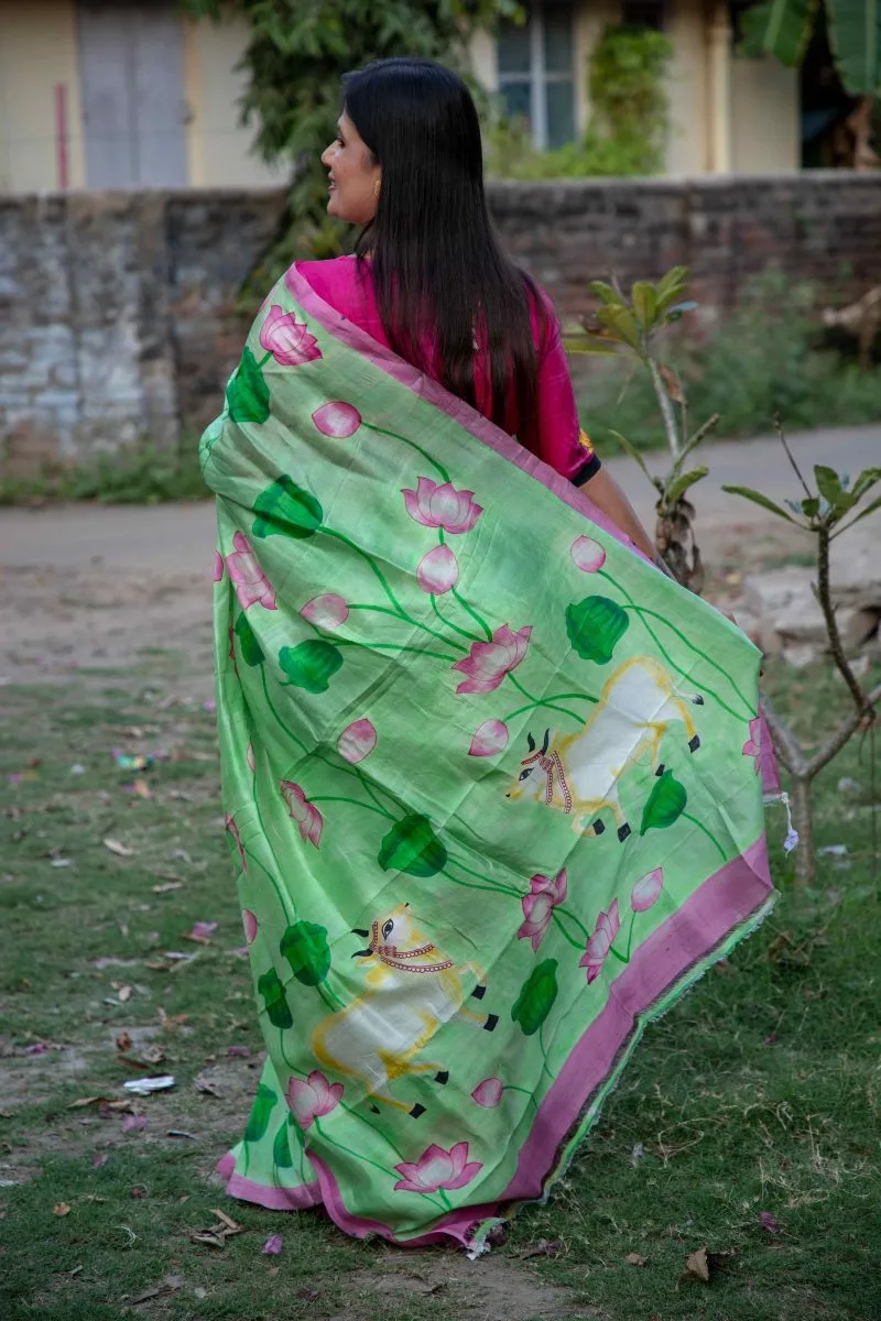 Luxurious Handloom Bishnupuri Silk with Exquisite Hand-Painted Kalamkari Pitchwai Design - Image 5