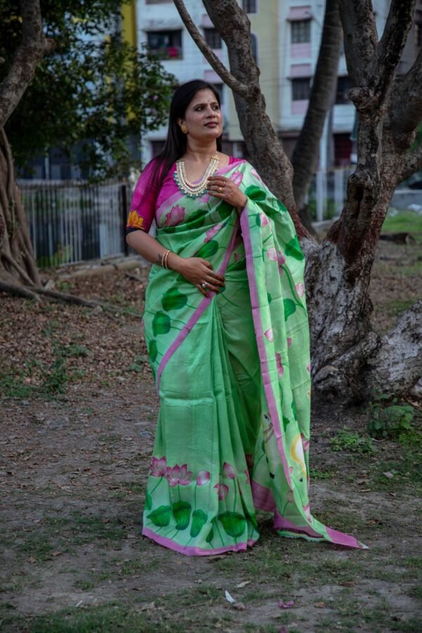 Luxurious Handloom Bishnupuri Silk with Exquisite Hand-Painted Kalamkari Pitchwai Design