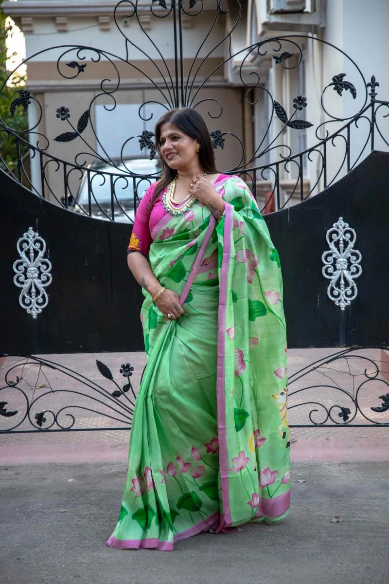 Luxurious Handloom Bishnupuri Silk with Exquisite Hand-Painted Kalamkari Pitchwai Design - Image 7