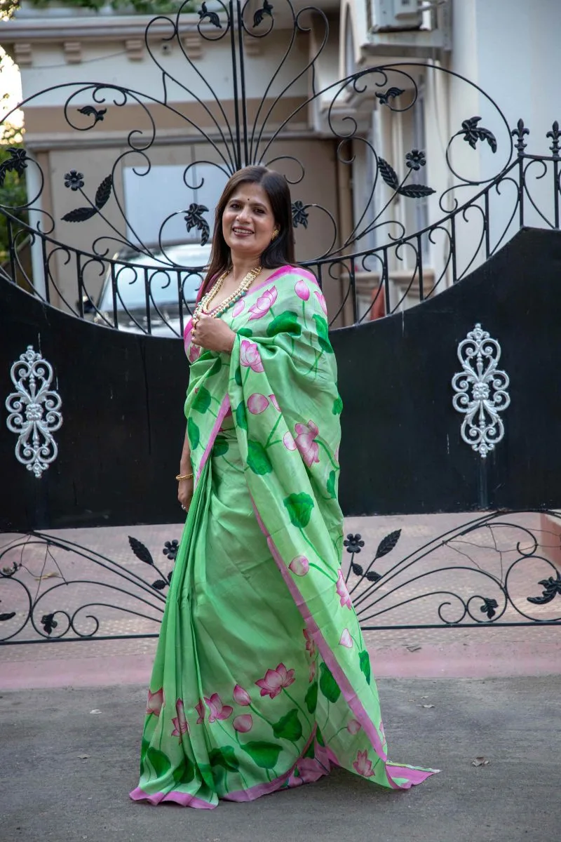 Luxurious Handloom Bishnupuri Silk with Exquisite Hand-Painted Kalamkari Pitchwai Design - Image 8