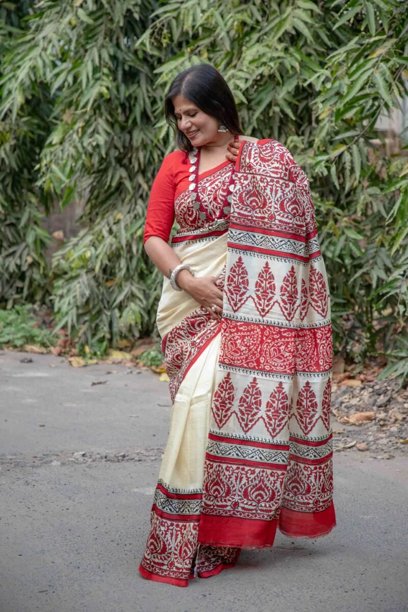 Pure Handloom Bishnupuri Silk Saree with Block Print - Image 7