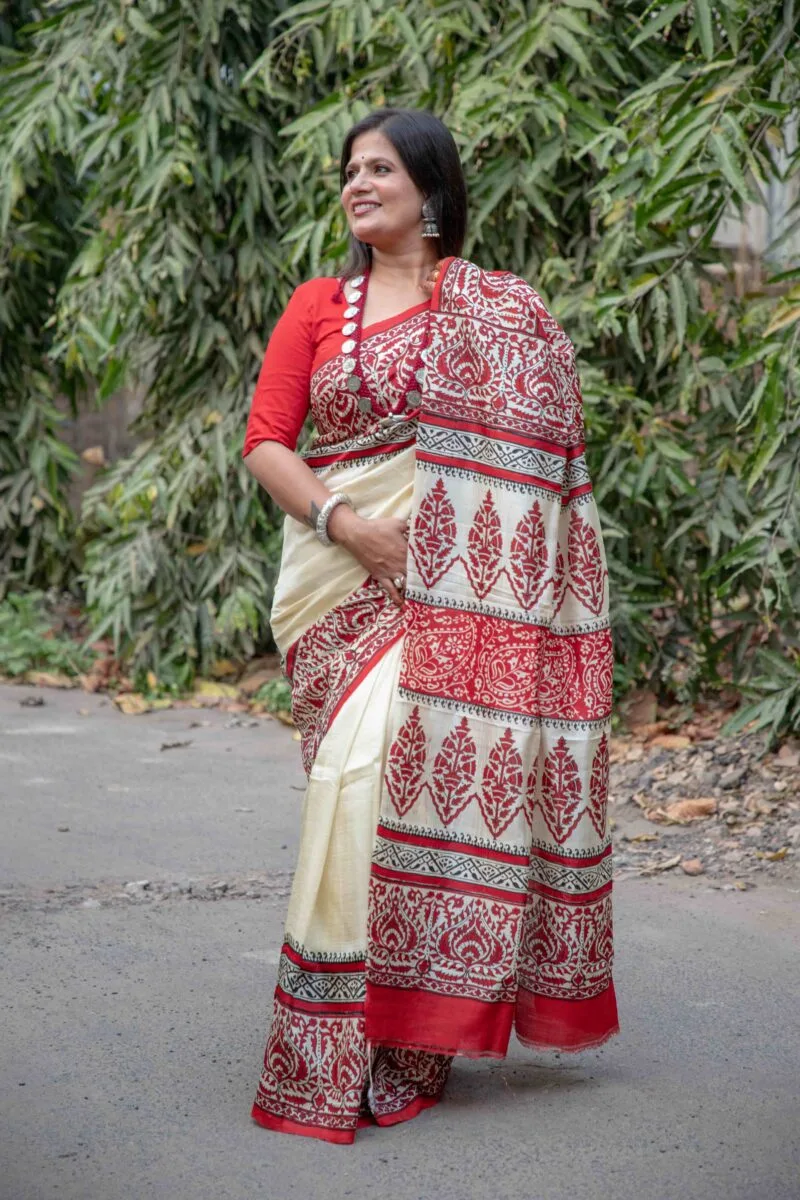 Pure Handloom Bishnupuri Silk Saree with Block Print - Image 8