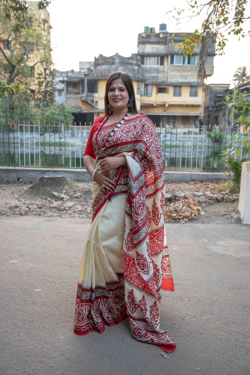 Pure Handloom Bishnupuri Silk Saree with Block Print - Image 4