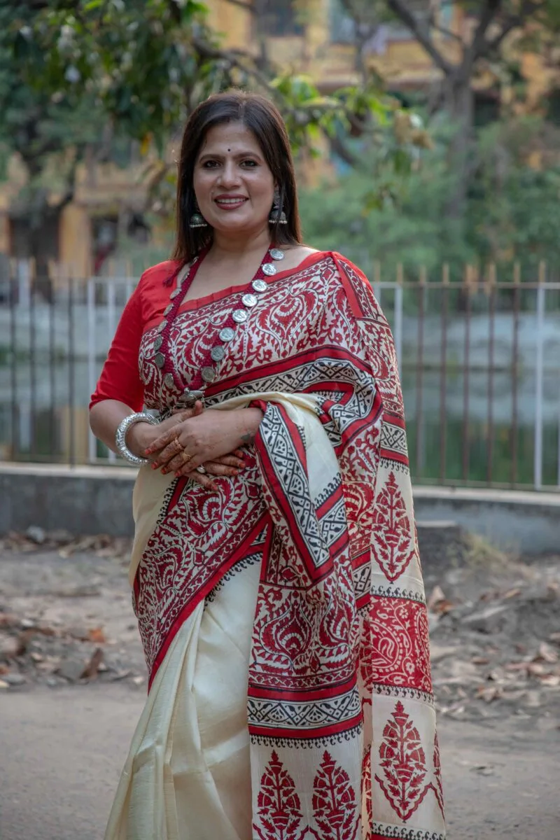 Pure Handloom Bishnupuri Silk Saree with Block Print