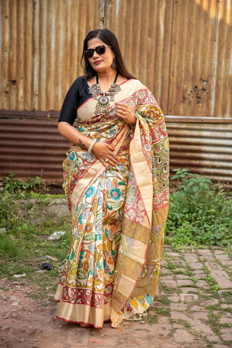 Zari Border Pure Handloom Gachi Tussar Saree with Hand-Painted Pen Kalamkari Vegetable Colors - Image 3