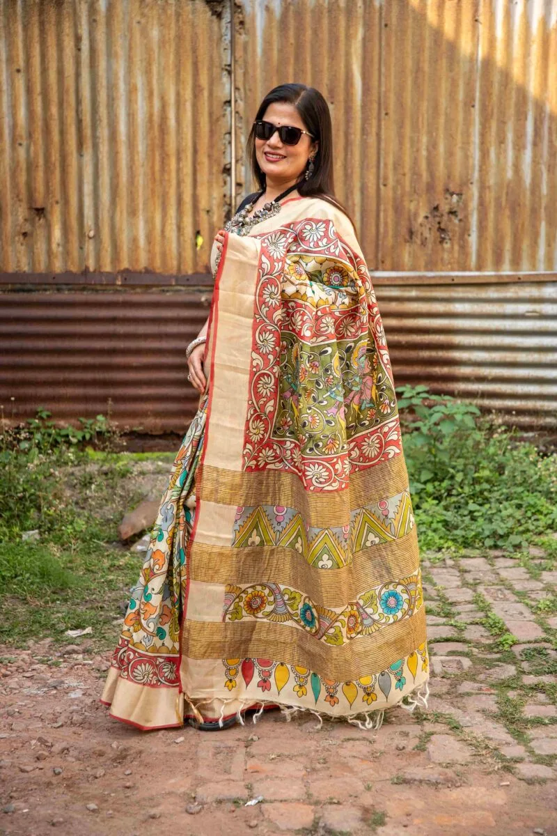 Zari Border Pure Handloom Gachi Tussar Saree with Hand-Painted Pen Kalamkari Vegetable Colors - Image 4