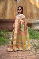 Zari Border Pure Handloom Gachi Tussar Saree with Hand-Painted Pen Kalamkari Vegetable Colors