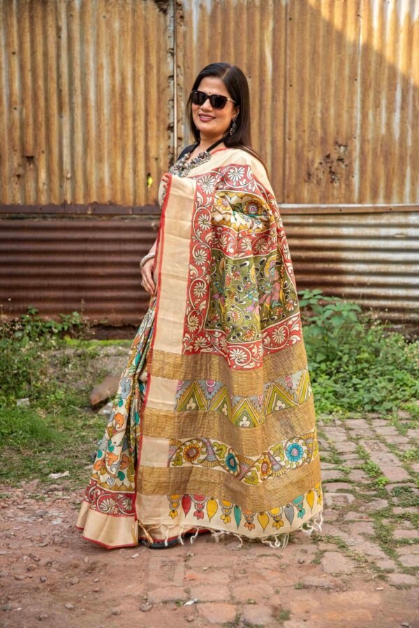 Zari Border Pure Handloom Gachi Tussar Saree with Hand-Painted Pen Kalamkari Vegetable Colors