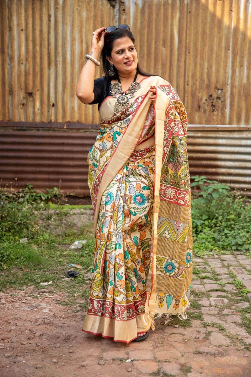 Zari Border Pure Handloom Gachi Tussar Saree with Hand-Painted Pen Kalamkari Vegetable Colors - Image 9