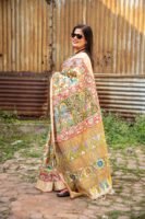 Zari Border Pure Handloom Gachi Tussar Saree with Hand-Painted Pen Kalamkari Vegetable Colors