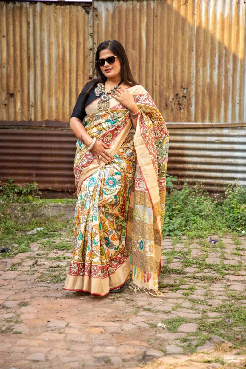 Zari Border Pure Handloom Gachi Tussar Saree with Hand-Painted Pen Kalamkari Vegetable Colors - Image 7