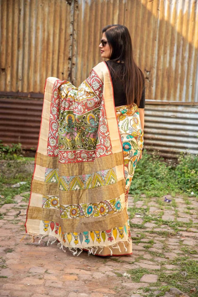 Zari Border Pure Handloom Gachi Tussar Saree with Hand-Painted Pen Kalamkari Vegetable Colors - Image 6