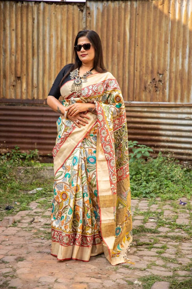 Zari Border Pure Handloom Gachi Tussar Saree with Hand-Painted Pen Kalamkari Vegetable Colors - Image 5