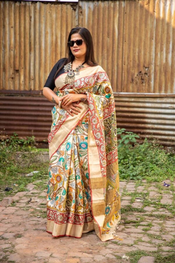 Zari Border Pure Handloom Gachi Tussar Saree with Hand-Painted Pen Kalamkari Vegetable Colors